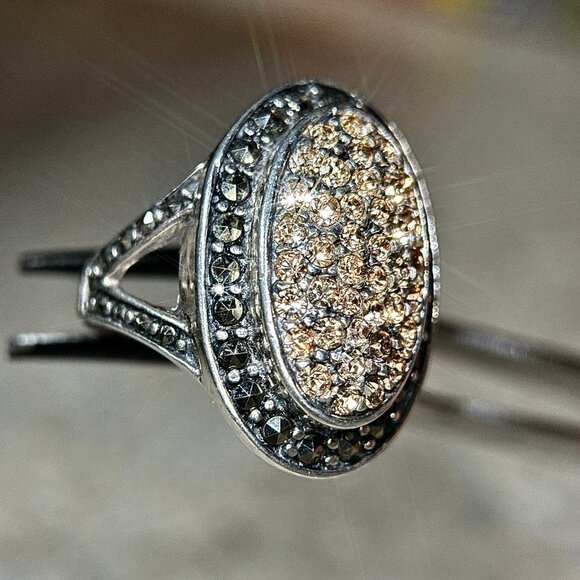 Champagne Stones/Black Marcasites Silver 925 Ring - Picture 5 of 10